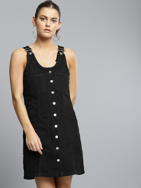 

VividArtsy Women Black Solid Denim Pinafore Dress