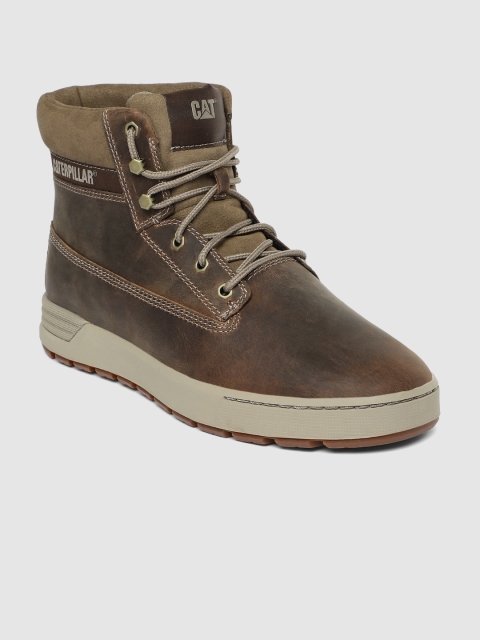 

CAT Men Brown Solid Leather Mid-Top Flat Boots