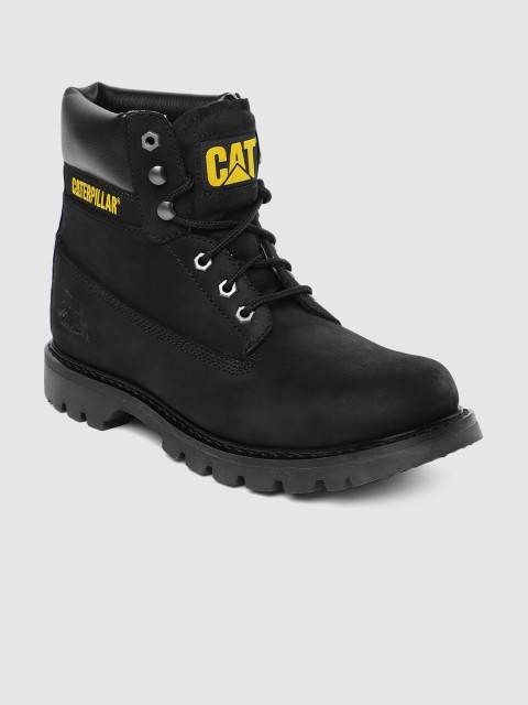 

CAT Men Black Solid Leather High-Top Flat Boots
