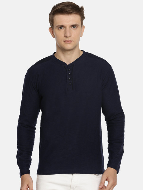 

ARISE Men Navy Blue Solid Henley Neck Pure Cotton T-shirt