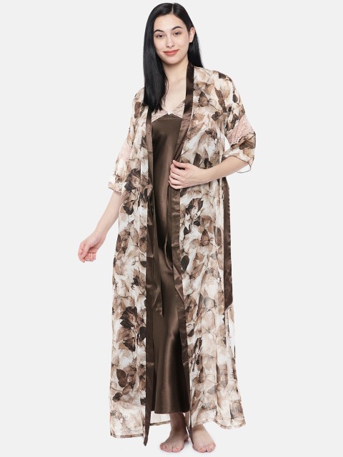 

Sweet Dreams Brown Printed Nightdress With Robe