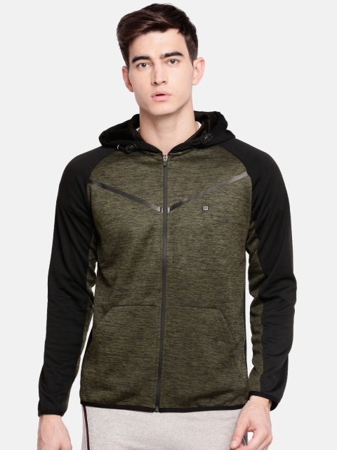 

Proline Active Men Olive Green & Black Colourblocked Hooded Sweatshirt