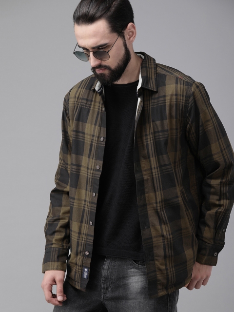 

Roadster Men Olive Green & Black Checked Tailored Flannel Shacket