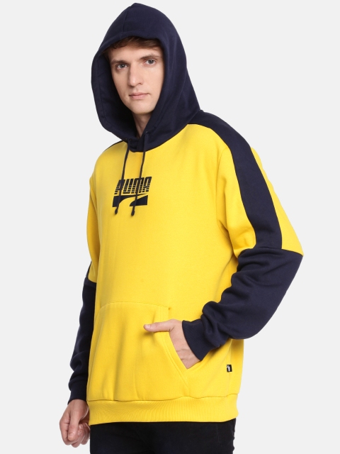 

Puma Men Yellow & Navy Blue Printed Rebel Block FL Hooded Sweatshirt