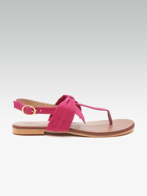 

Street Style Store Women Fuchsia Pink Solid T-Strap Flats with Bow Detail