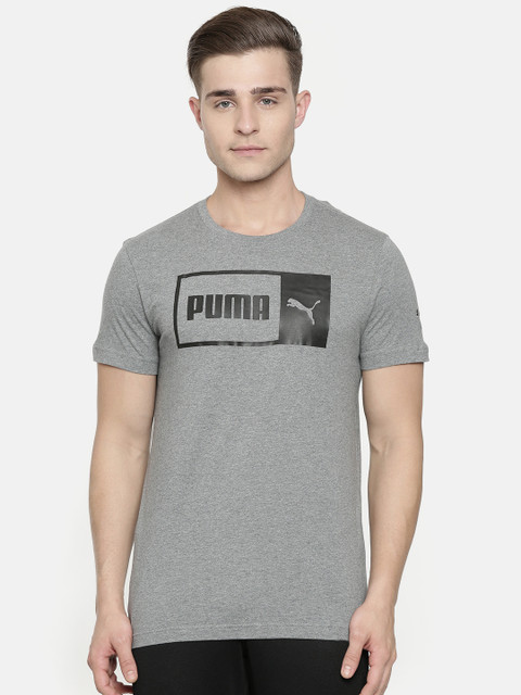 

Puma Men Grey Melange Slim Fit Printed Logo Split Round Neck Pure Cotton T-shirt
