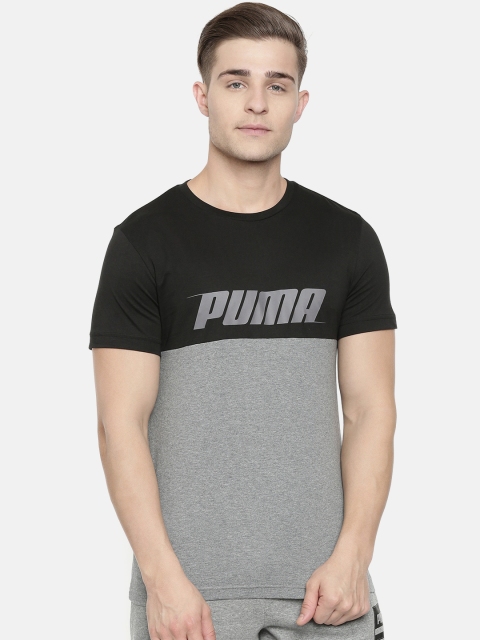 

Puma Men Grey Black Colourblocked Slim Fit Round Neck Speed Slant Pure Cotton T-shirt