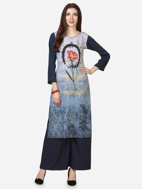 

Florence Women Blue Floral Printed Straight Kurta