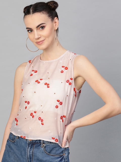 

I AM FOR YOU Women Pink & Red Embroidered Sheer Top