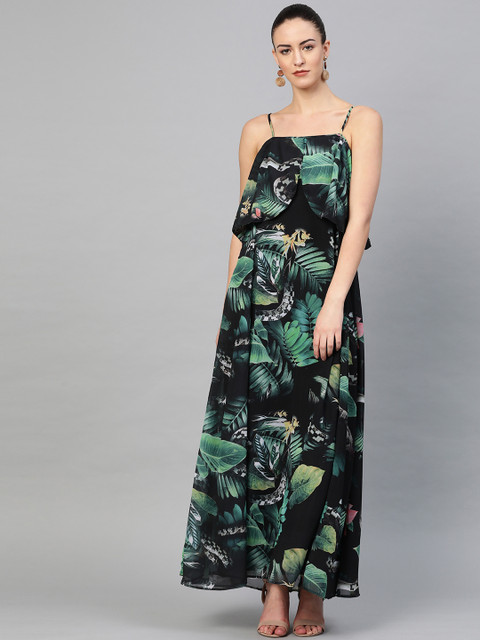 

I AM FOR YOU Women Black & Green Tropical Printed Layered Maxi Dress