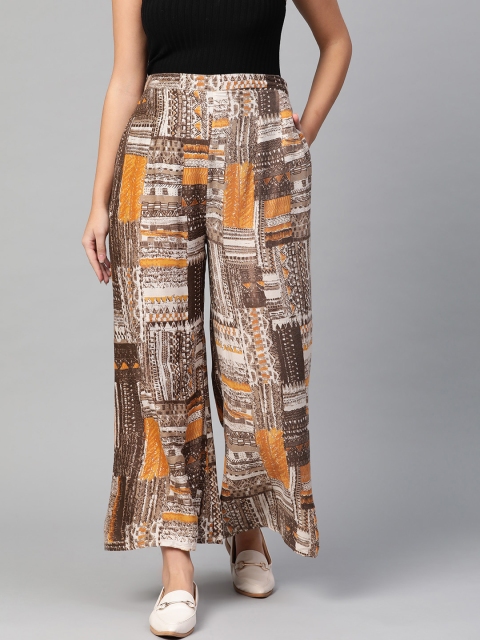 

I AM FOR YOU Women Brown & Mustard Yellow Printed Wide Leg Palazzos