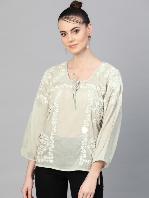 

I AM FOR YOU Women Grey & Off-White Floral Embroidered Top