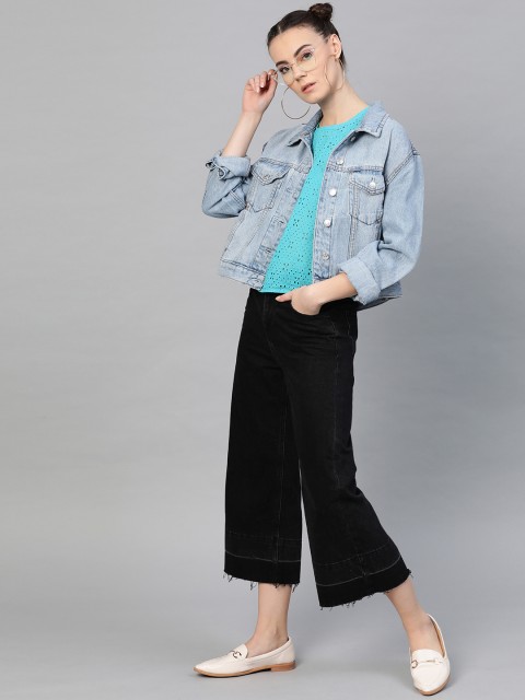 

I AM FOR YOU Women Blue Schiffli Embroidered Top