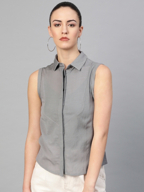 

I AM FOR YOU Women Grey Regular Fit Self-Design Sleeveless Casual Shirt