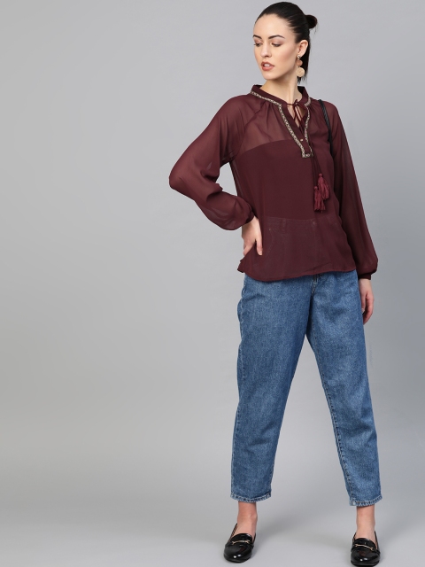 

I AM FOR YOU Women Burgundy Solid Sheer Top