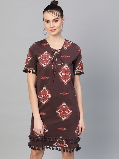 

I AM FOR YOU Women Burgundy & Red Printed Shift Dress