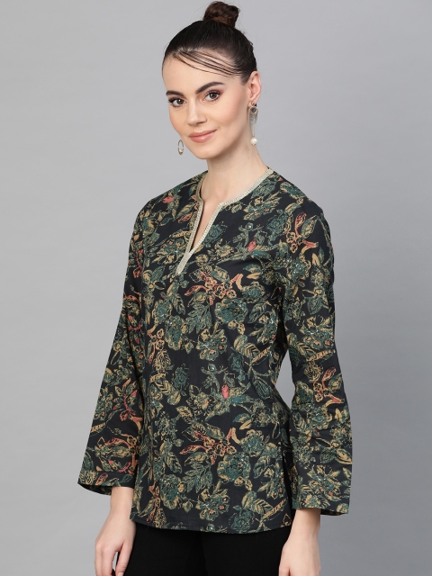 

I AM FOR YOU Women Green & Mustard Yellow Tropical Printed Top