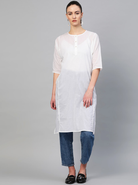 

I AM FOR YOU Women White Solid Semi-Sheer Straight Kurta