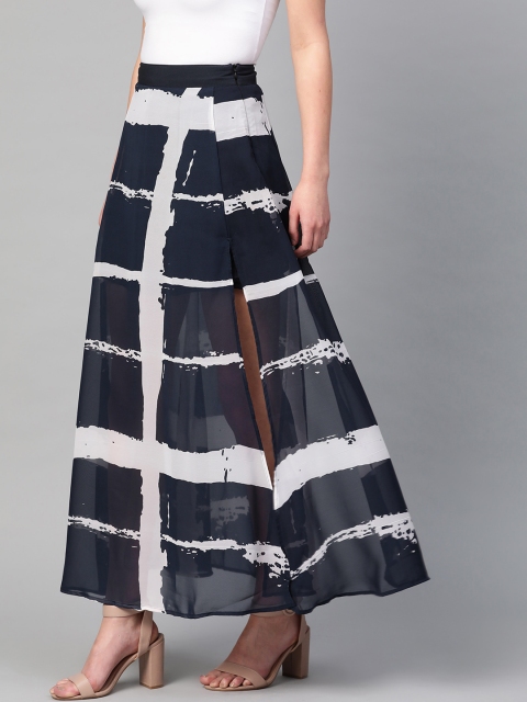 

I AM FOR YOU Women Navy Blue & Off White Checked Flared Maxi Skirt
