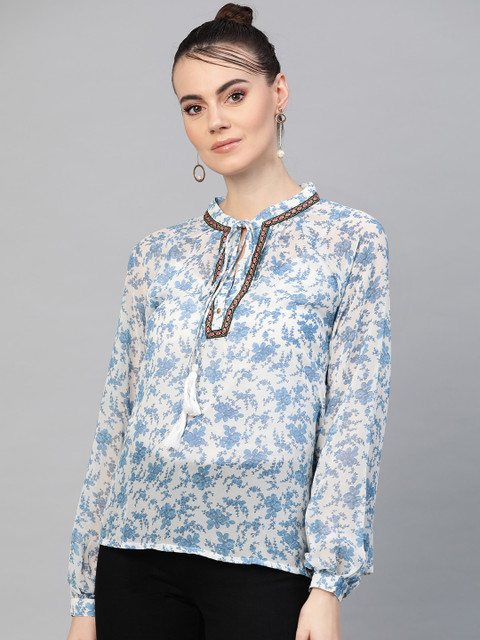 

I AM FOR YOU Women Off-White & Blue Printed Top