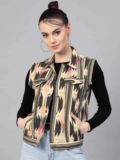 

I AM FOR YOU Women Beige & Black Self Design Tailored Jacket