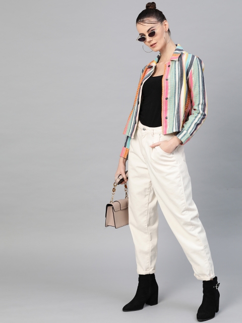 

I AM FOR YOU Women Multicoloured Self-Striped Tailored Jacket, Multi