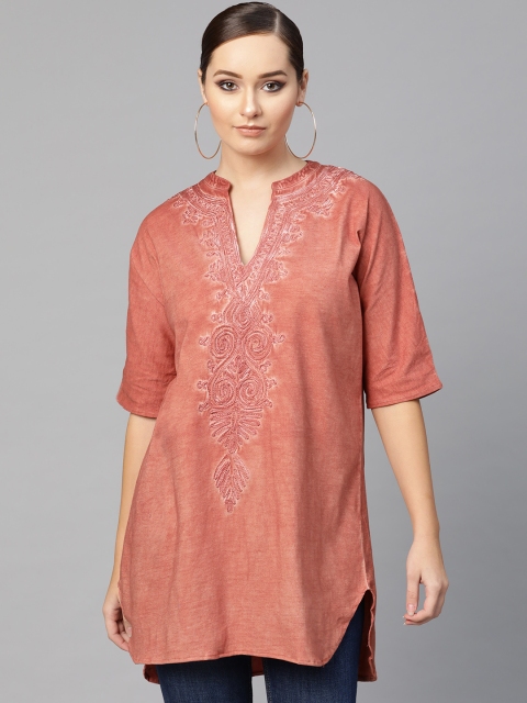 

I AM FOR YOU Women Rust Red Embroidered Pure Cotton Straight Kurti