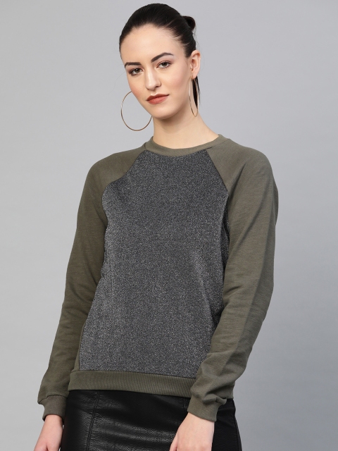 

I AM FOR YOU Women Silver & Olive Green Solid Sweatshirt