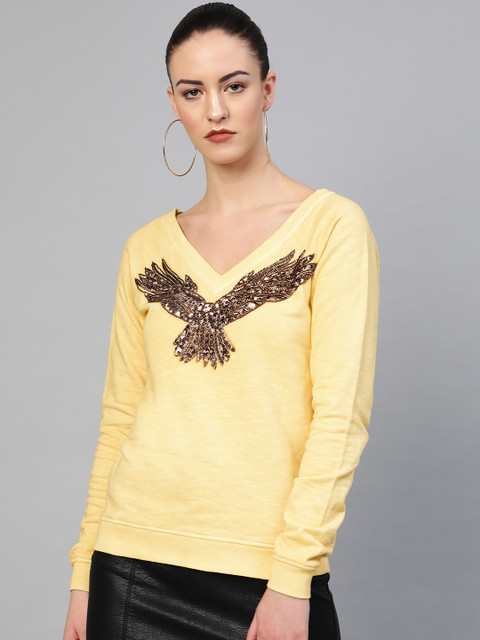 

I AM FOR YOU Women Yellow Embellished Sweatshirt