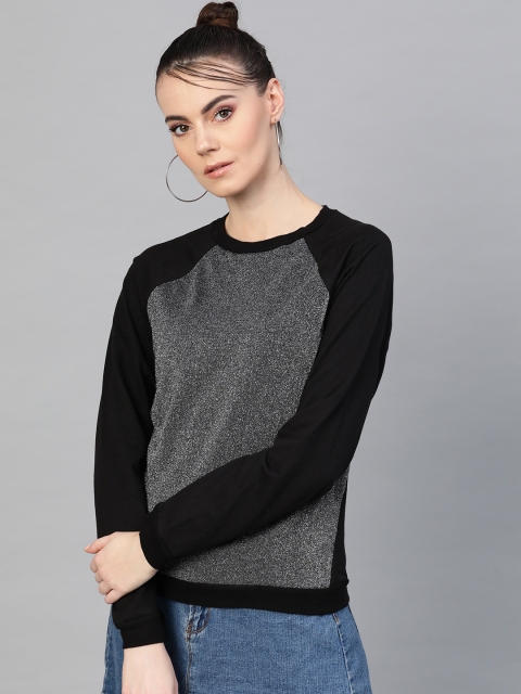 

I AM FOR YOU Women Silver & Black Solid Sweatshirt