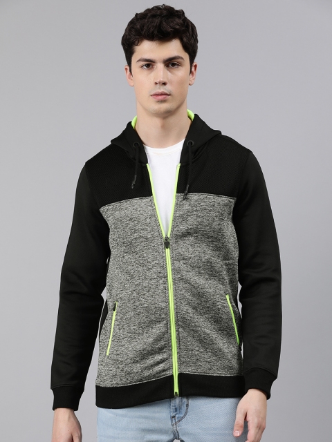 Men Grey & Black Colourblocked Hooded Sweatshirt