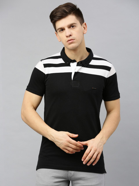 

SPYKAR Men Black White Striped Polo Collar Pure Cotton T-shirt