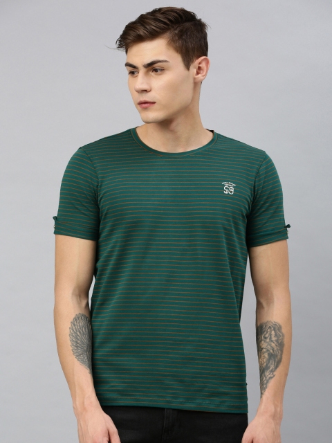

SPYKAR Men Teal Green & Rust Orange Striped Round Neck T-shirt