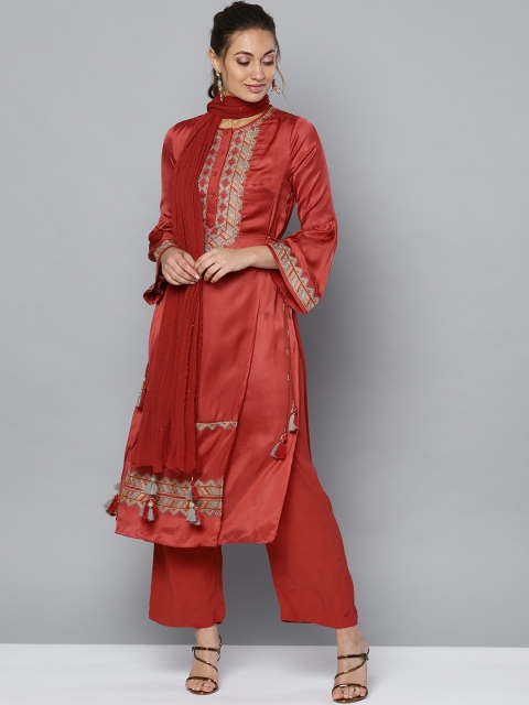 

Ritu Kumar Women Rust Orange & Beige Embroidered Layered Kurta with Palazzos & Dupatta