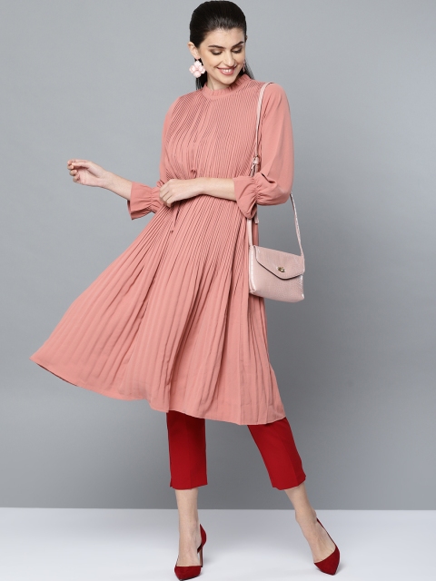 

Ritu Kumar Women Dusty Pink Solid Accordion Pleats A-Line Kurta With Belt