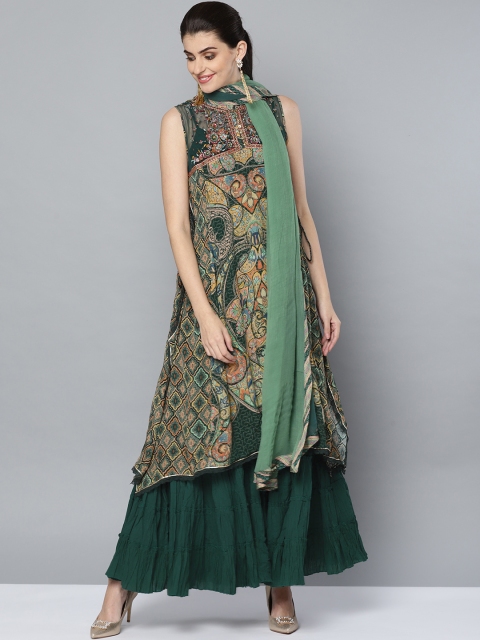

Ritu Kumar Women Green & Yellow Printed Kurta with Sharara & Dupatta