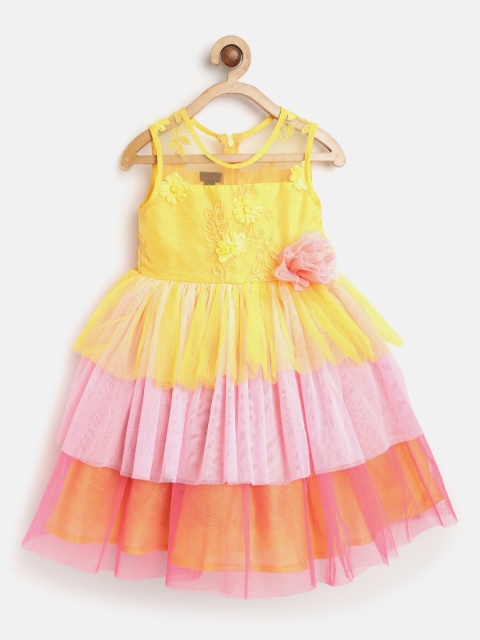 

pspeaches Girls Yellow & Pink Net Colourblocked Layered Fit & Flare Dress