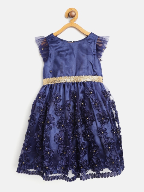 

pspeaches Girls Navy Blue Net Floral Embellished Fit & Flare Dress