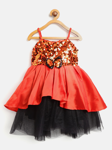 

pspeaches Girls Red & Black Embellished & Colourblocked Layered Fit & Flare Dress