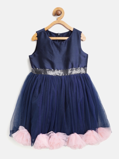 

pspeaches Girls Navy Blue Net Solid Fit & Flare Dress with Rosette Detail