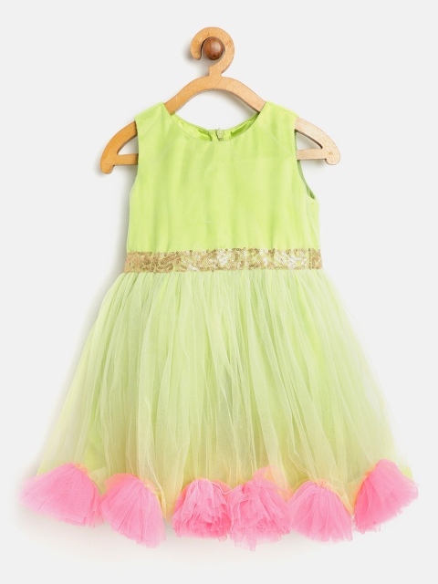 

pspeaches Girls Green Net Solid Fit & Flare Dress with Rosette Detail
