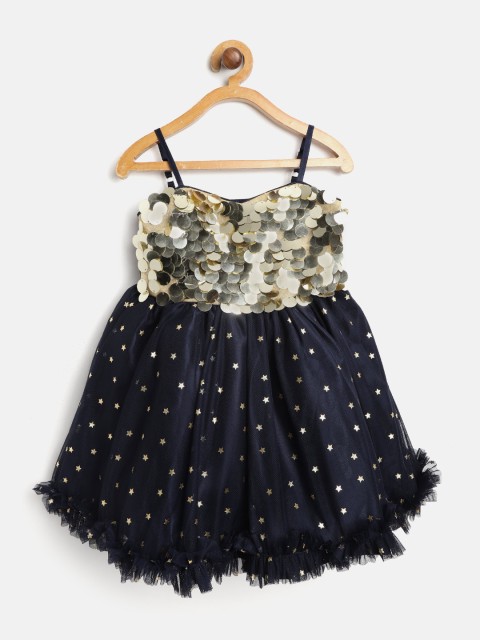 

pspeaches Girls Navy Blue & Golden Net Sequinned & Printed Fit & Flare Dress