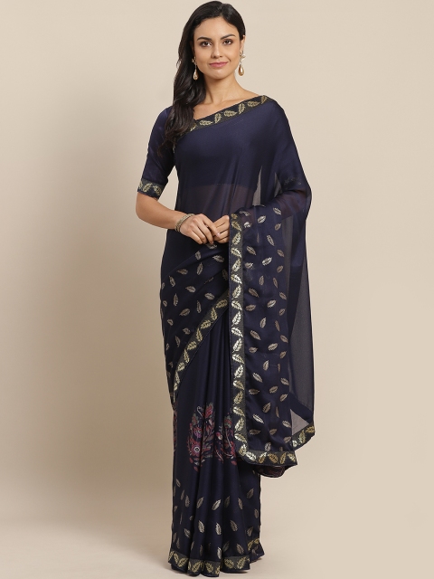 

SUTRAM Navy Blue & Golden Printed Saree