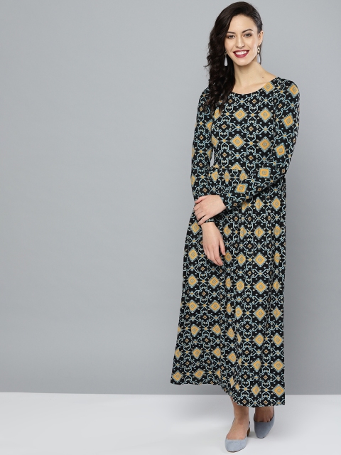 

Label Ritu Kumar Women Black & Blue Printed Maxi Dress