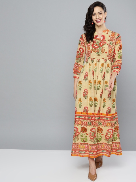 

Label Ritu Kumar Women Beige & Pink Printed Maxi Dress