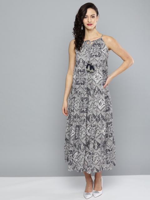 

Label Ritu Kumar Women Grey & Navy Blue Printed Maxi Dress