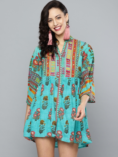 

Label Ritu Kumar Women Green & Pink Printed A-Line Dress