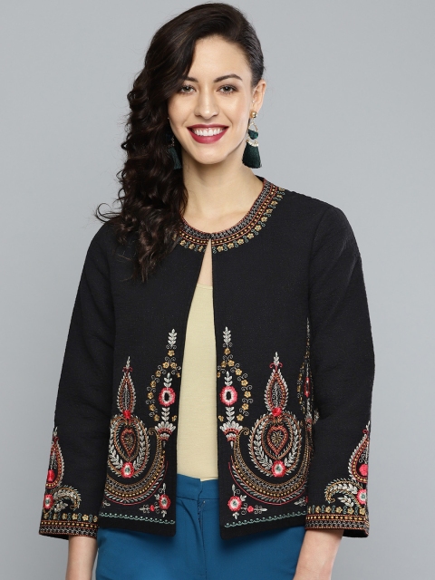 

Label Ritu Kumar Women Black Embroidered Open Front Ethnic Jacket
