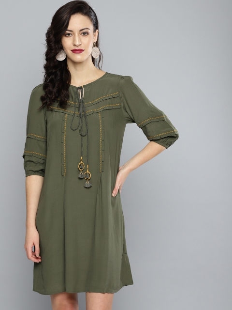 

Label Ritu Kumar Women Olive Green Printed Skater Dress