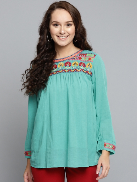 

Label Ritu Kumar Women Sea Green Solid A-Line Top